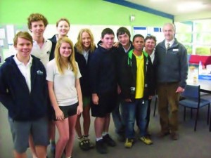 Catching up with old friends at Mansfield Secondary College. Joni ‘guided’ these students when they visited Venilale in 2011 and 2013. The students from left are: Travis Dyball, Arran Scale, Kayla Blaylock, Sian Scale, Ellen Watts, Jack Clark and Jordan Wilson. Also pictured with Joni is the supervising teacher for these trips, Julie Aldous, and the principal, Tim Hall, who continues to support the sister school relationship with Bercoli Junior High in Venilale.